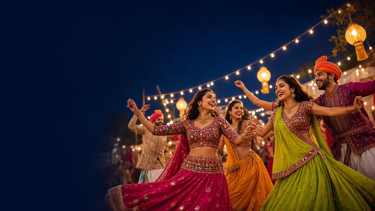 Friends enjoying a colourful Navratri Garba celebration